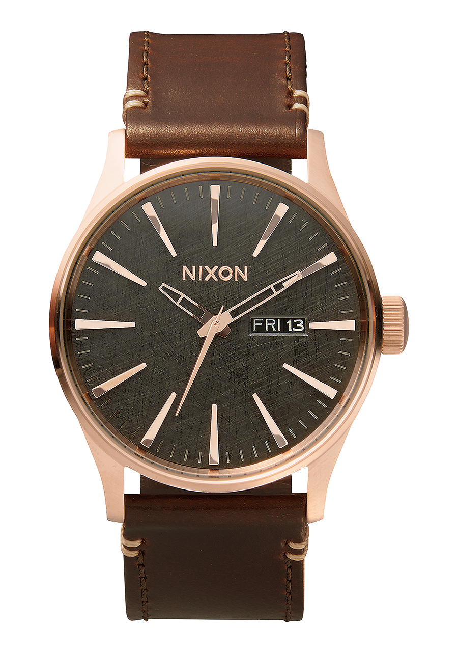 Nixon Sentry Leather Watch Rose Gold Gunmetal Brown