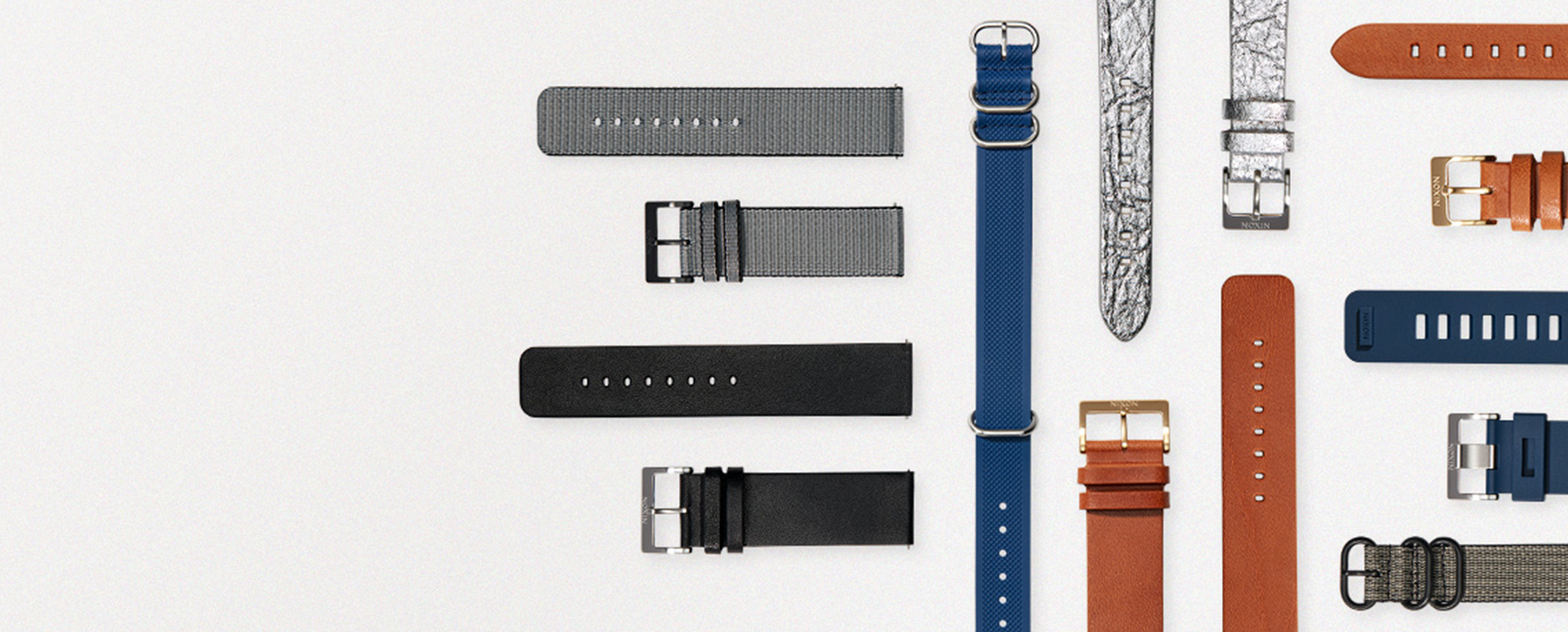 A collection of leather, silicone and sustainable Nixon watch bands.